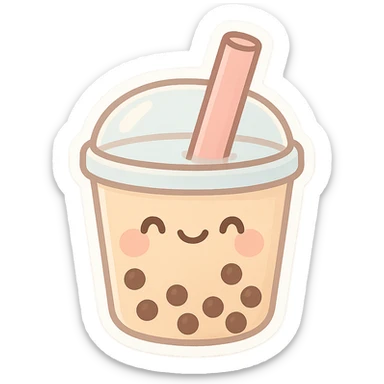 smiling boba tea cup with a straw, kawaii face, soft colors sticker