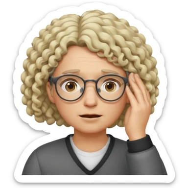 curly blonde/gray hair, glasses, face palm duh sticker