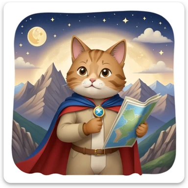 Explorer cat holding a map, mountains and stars in background, wearing light clothes and cape blowing in wind, looking into distance sticker