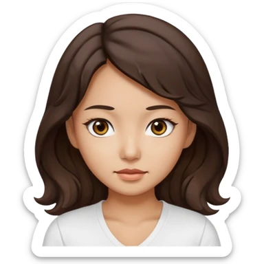 iOS style emoji. A girl with very long dark brown wavy hair. And the eyes color is dark brown. And she is wearing white t shirt with V kneck. And she is 30. She is Asian with double eyelids  sticker