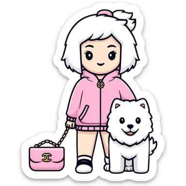 girl in pink Chanel-style outfit with white Samoyed dog sticker