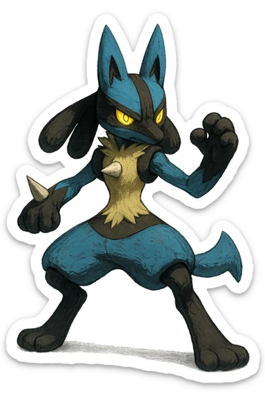 Lucario, cool martial arts stance, blue and black fur, glowing yellow eyes sticker