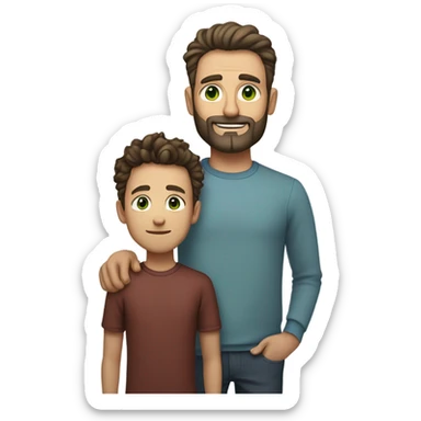 Handsome Father 40s green eyes with short full beard with Son 13s tousled bedhead look both has brunette hair light skin arms on shoulder portrait sticker