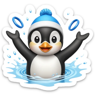 A cheerful penguin swimmer in swim cap, doing a playful backstroke with water rings popping around.
 sticker