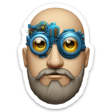 Bearded Fat bald cyborg head with tan skin, blue steampunk goggles and circuits sticker