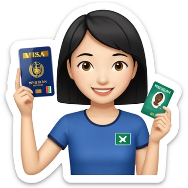 Nigeria, travel visa, with a Asian girl with short black hair, fair skin, and a young, enthusiastic smile sticker