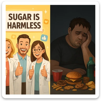 split scene: social media side with cheerful experts promoting sugar as harmless, bright background and filters; opposite side tired overweight person surrounded by snacks and sugary drinks, dark and sad environment; visual metaphor, dual lighting, 4K quality sticker