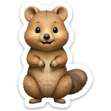 cinematic-quokka-realistic-full-body-standing on its hind legs hunched over-emoji,-small-round-frame-balanced-on-tiny-strong-hind-legs,giant fluffy cheeks large smile-fluffy-brown-fur-radiating-a-warm-softness skinny tail, ,-big-round-eyes-filled-with-joy-and-innocence,-tiny-clawed-paws-held-close-to-chest,-cheerful-smile-exuding-endearing-happiness,-simplified-yet-realistic-focused-features,-highly-detailed,-glowing-with-a-sunny-warmth, expressive eyes  sticker