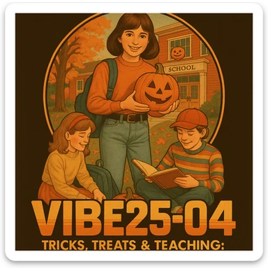 Create a logo that encompasses a retro 80's feel, nostalgic, ALSO RETRO.  Add the words "VIBE25-04: Tricks, Treats & Teaching: Fall Into Learning" sticker