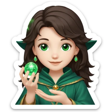 A teen brunette mage with tousled hair, holding a tiny glowing orb and smiling confidently. sticker