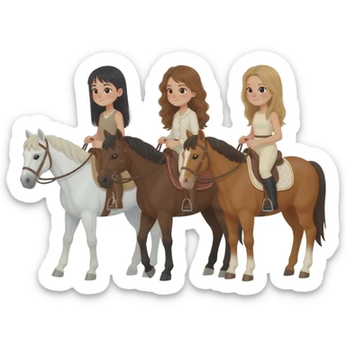 Three horses white bay and sorrel with three riders on the bay horse a girl with dark straight hair on the sorrel horse a girl with wavy brown hair and on the white horse a girl with sandy hair sticker