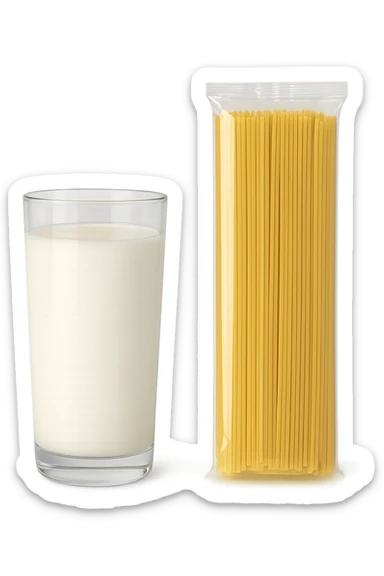 bicchiere di latte accanto a pacco di pasta sticker