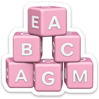 three Light pink and white toy alphabet blocks stacked with different letters sticker