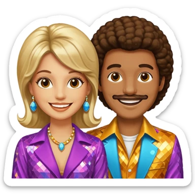 hombre y mujer bailando con ropa de disco de los 70s sticker