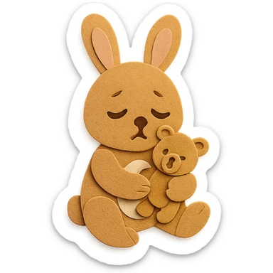 flawless, highly detailed, high quality paper craft style illustration of a caramel-colored bunny holding a teddy bear, eyes drooping, perfect proportions, no imperfections, intricate textures, soft lighting, delicate cut-paper details sticker