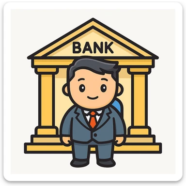 Add a bank building background to the bank manager in a lineal color icon style with black outlines, clean and clear with vibrant colors. sticker