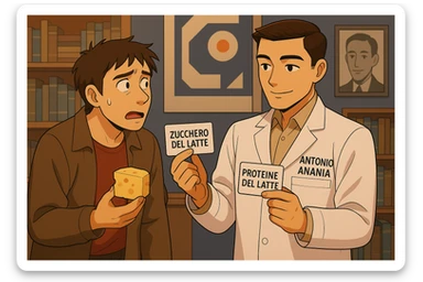 fai un webtoon manga a colori con questo stile, in cui un uomo fa una domanda al kinesiologo con il camice bianco (fagli anche la scritta "ANTONIO ANANIA" SUL CAMICE, l'uomo chiede una cosa mostrando un formaggio e uno yogurt al kinesiologo con il camice, IL KINESIOLOGO annuisce e SPIEGA ALL'UOMO UNA cos. L'UOMO ha un ESPRESSIONE CONFUSA IN VOLTO. non fare i fumetti però, fai solo in modo che sembri stiano parlando sticker