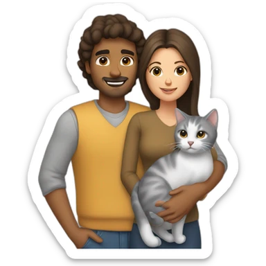 brown man and brunette woman with a gray cat in their arms sticker
