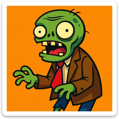cartoon zombie with silly expression wearing brown jacket, inspired by Plants vs Zombies sticker