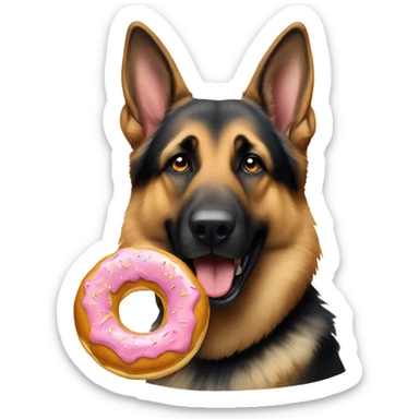 German Shepherd eating a donut sticker