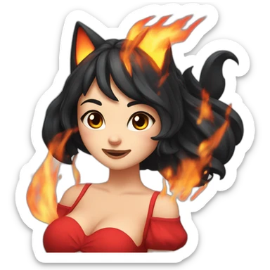 Catgirl with black hair wearing a red dress dousing fire with water sticker