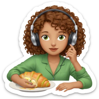 Brown curly hair girl blue green eyes painting sleeping eating dancing listening to misic sticker