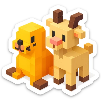 a seal and a goat sitting together in Roblox style, blocky and playful, vibrant colors sticker