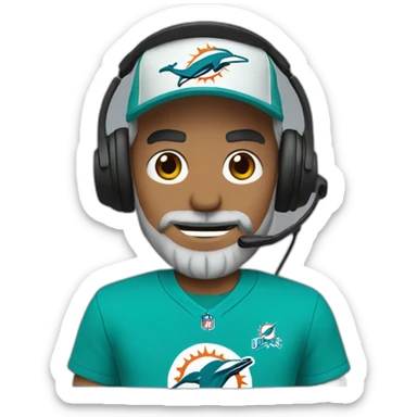 grey bearded man wearing a black cap and a headset with a miami dolphins t-shirts sticker