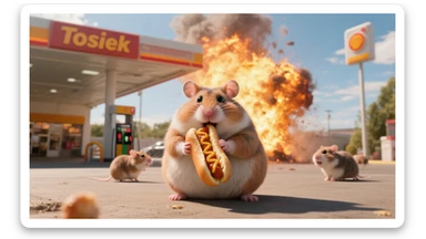 Cinematic still of A portrait of a fat hamster eating hotdog on gas station, gas station is in fire, other hamster fun away, sunny day, back light explosion , gas station named "Tosiek" (Realistic) sticker