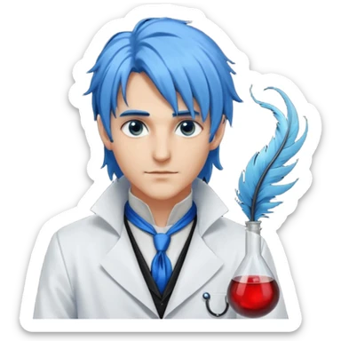 Handsome alchemist-scientist man with light-blue beautiful hair, handsome sexy, long hair tendril bangs down on the sides, white lab coat, blue cravat, black feathers on shoulder, raven companion, black gloves, red eyes sticker