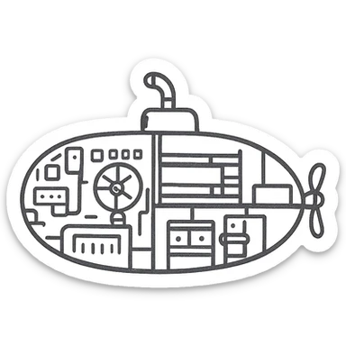 submarine floorplan, interior schematic, showing control room, engine room, bunks, kitchen, blueprint style sticker