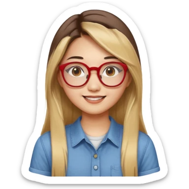 20 yr old asian woman, straight thick long brown hair, blond at ends of hair, center part to hair, big red glasses, brown eyes, casual shirt sticker