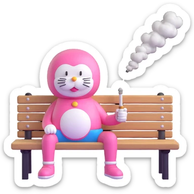 pink Doraemon smoking, sitting on a bench, casual vibe sticker