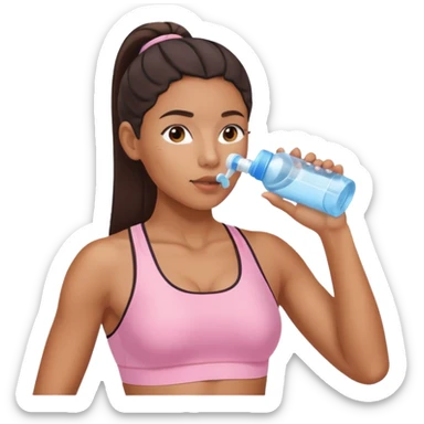Mixed-race athletic woman with caramel skin, wearing pastel pink sports bra, drinking water from clear bottle sticker