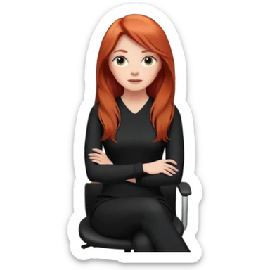 Video call therapy session: red-haired therapist with long hair wearing black minimalist clothing, seated in a professional home office, looking at the webcam; calm, modern teletherapy setting sticker