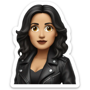 Salma Hayek in leather jacket pointing forward  sticker