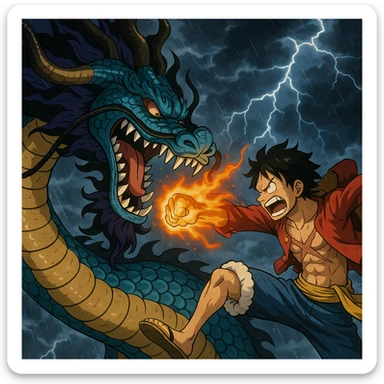 Kaido in dragon form clashing with Luffy, stormy background, anime style sticker