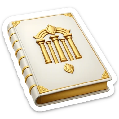 A white leather book with golden accents, smooth and polished, embossed with a symbol of six pillars,, radiating strength, confidence, and the power of self-worth.  sticker