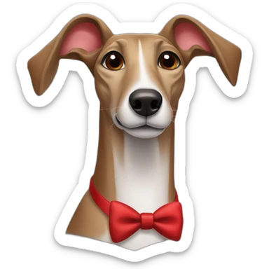 brown greyhound with white mark and a red bow tie sticker