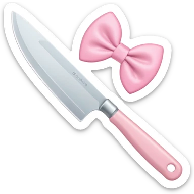 Cute emoji style illustration of a kitchen knife with a pink bow tied directly around the handle of the knife, not floating, not separate, kawaii style, rounded shapes, pastel colors, friendly look, flat vector design, white or transparent background, simple emoji icon sticker