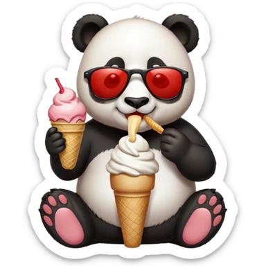 Panda with sunglasses that eat an ice cream with a light red and white t-shirt sticker