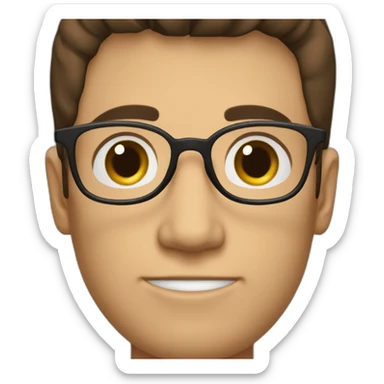 A guy with dark brown hair and glasses with a symmetric shaped face and a brown pullover sticker