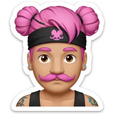 single big bun pink hair man and mustache and face tattoos very heavy and headband sticker