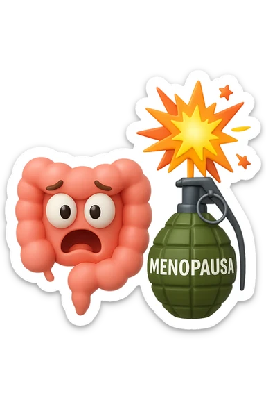 EMOJI STILE IPHONE 3D DI INTESTINO 3D CON ESPRESSIONE SPAVENTATA IN VOLTO MENTRE ACCANTO A LUI SCOPPIA UNA GRANATA 3D CON LA SCRITTA "MENOPAUSA" SOPRA, FAGLI ANCHE LA PARTE BIANCA DEGLI OCCHI, NON SOLO LA PUPILLA sticker