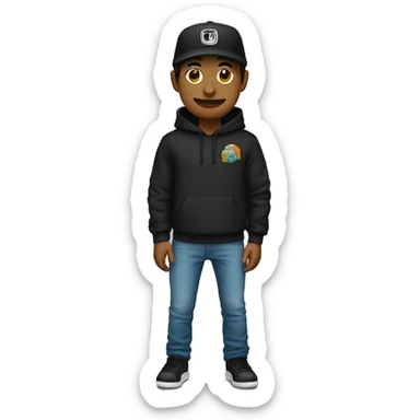 Un chico color piel clara, sudadera negra, cabello largo y gorra negra al reves manos enfrente sticker