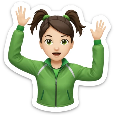 A brunette pony tail hair girl in a sporty green jacket, jumping slightly while cheering loudly. sticker