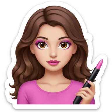 girl with long wavy brown hair, brown eyes, long lashes makeup, sexy pink lips, light to medium complexion, pink sexy top, I don't know sticker