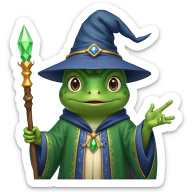 A smart frog in a hat and robes holds a pointer and with a smart face points out the mistake sticker