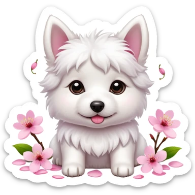 A cute  little  white dog and cherry blossom sticker