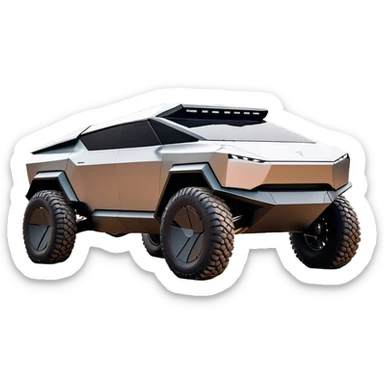 Tesla Cybertruck - A futuristic Tesla Cybertruck, angular and geometric with a sharp, triangular body shape. Stainless steel exoskeleton with a raw, unpainted, brushed-metal finish. A sleek, narrow LED light bar stretches across the entire front. Large, rugged off-road tires with exposed wheel arches. Smooth, handle-free doors and a slanted, armored rear with a retractable tonneau cover. Rear LED strip mirroring the front. The vehicle looks like a sci-fi-inspired, bulletproof stealth tank on wheels, set in a high-tech urban environment at sunset, with reflections on its metallic surface. sticker
